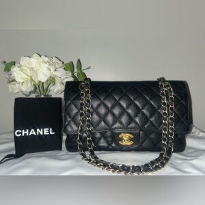 CHANEL Medium Classic Double Flap Caviar Quilted Handbag Black / Gold